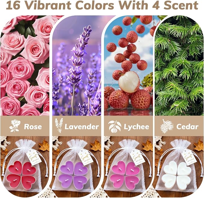 Colored Scented Tealight Candles, 16 Pack Soy Wax Colorful Tea Lights Romantic Candles for Valentine Decor Party Favors, Wedding Decor, Relaxation & Gifts | Cedar, Lychee, Lavender & Rose