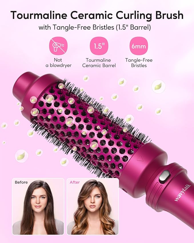 Wavytalk Heated Round Brush, 1 1/2 inch Blowout Look with Detachable Head, Dual Voltage for Travel, Rose Red