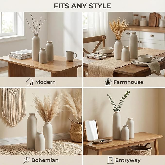 CEMABT Beige Ceramic vase Set-3 Flower vases for Decor,Modern Boho Farmhouse Home Decor,Decorative vase for Pampas Grass&Dried Flowers,idea Shelf,Table,Bookshelf