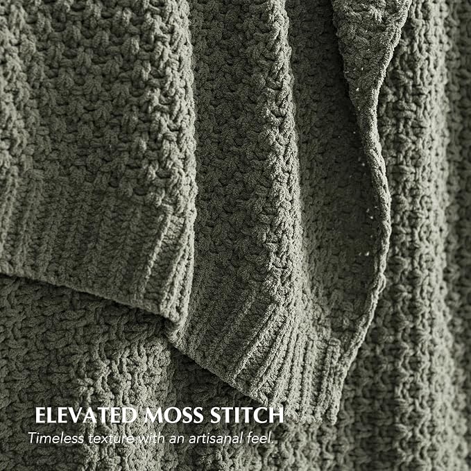 EVERGRACEHOME Chunky Chenille Knit Throw Blanket, 50x60, Dried Thyme Green | Sculpted Moss Stitch, Chic Modern Farmhouse, All-Season Warmth, OEKO-TEX® Certified, Elegant Blanket for Couch, Bed, Sofa
