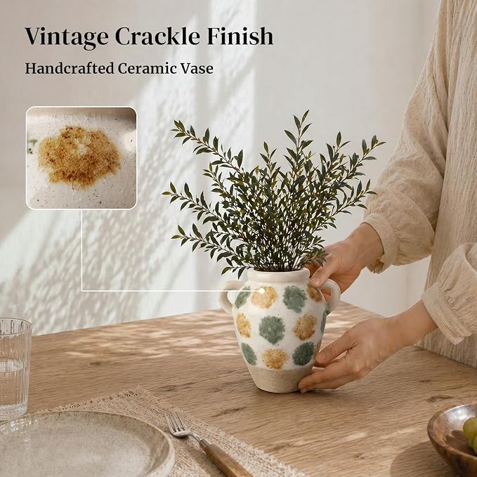 DOWAN Ceramic Flower Vase, Decorative Pampas Vase for Home Decor, Modern Farmhouse Pottery Vase for Living Room Table Kitchen Bedroom Coffee Desk Entryway Mantel Book Shelf (Green Crackle, 6.9 INCH)