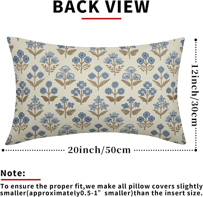 Brown Blue Floral Pillow Covers 12x20 Inch Set of 2, Block Print Lumbar Flower Cream Decorative Throw Pillowcases Outdoor Farmhouse Rectangle Cushion Covers Spring Summer Sofa Couch Bed Decor
