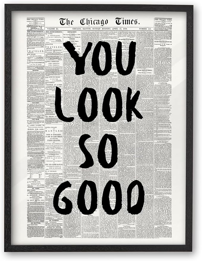 iHery 16x20in You Look So Good Framed Newspaper Inspirational Wall Art | Premium Black OAK Wood Frame with Canvas Print, Vintage Newspaper Decor for Bedroom, Dorm, Vanity Room Living Room, 1Pack