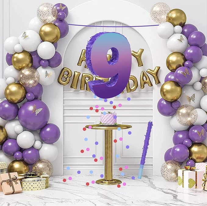 Purple Birthday Party Decorations, Purple Number 9 Pinata with Stick Blindfold Confetti for Girls Boys 9th Birthday Activity Game Gift (15.7 x 11.5 x 3 In)