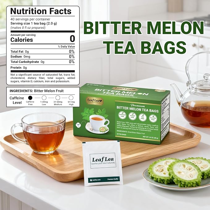 LeafLea Bitter Melon Tea Bags, Cerasee Momordica Charantia Tea, 120 Count | Natural Cundiamor Bitter Gourd Herbal Tea, Caffeine-Free, Sugar-Free, Vegan, Value Pack of 3 for Family