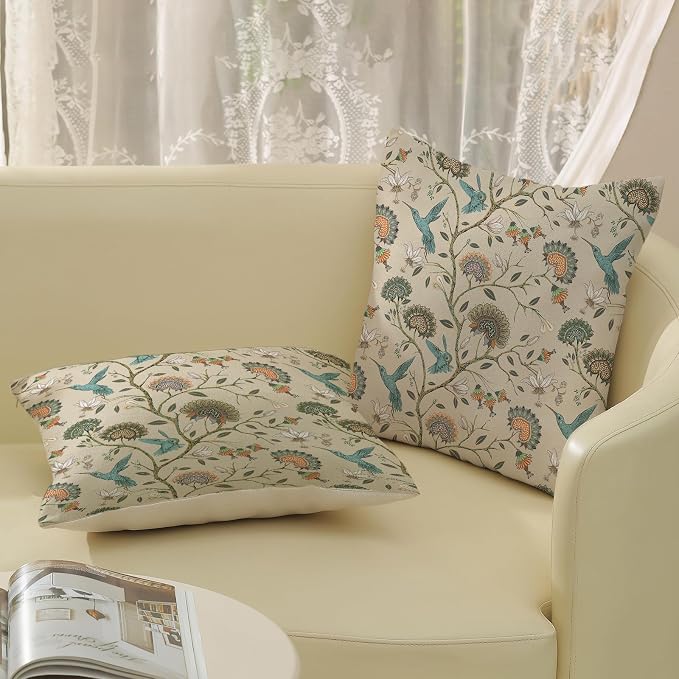 Chinoiserie Pillow Covers 18x18 Inch Set of 2 Blue Green Bird Floral Throw Pillows Vintage Plants Flower Decorations Pillow Cases Outdoor Chinoiserie Decor Linen Cushion Cover for Couch Home