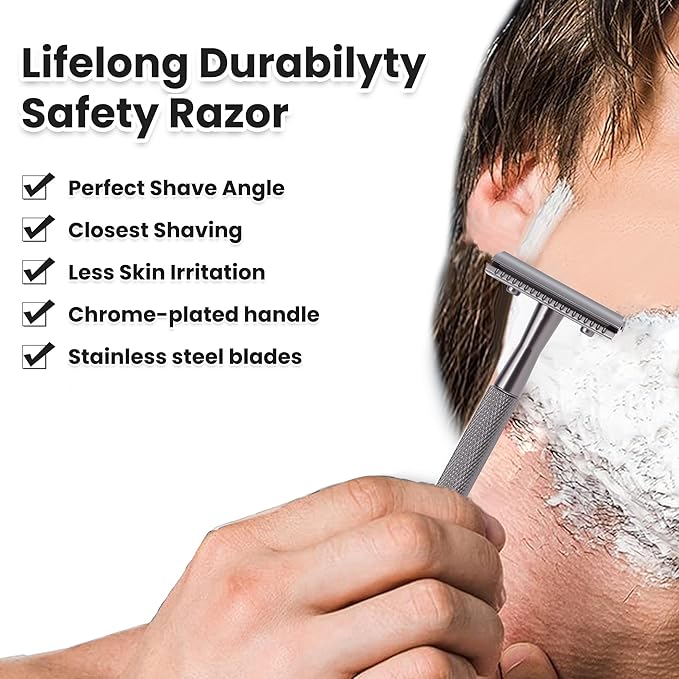 Keropy Double Edge Razor With Stand and 10 Premium Stainless Steel Blade Safety Razors For Men Shaving Razor, Matte Black Double Edge Safety Razor, Gun Black