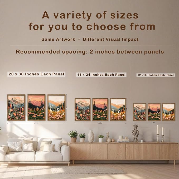 WRFON Botanical and Flower Canvas Wall Art, Framed Mountain Landscape Wall Art Set of 3, Wildflower Meadow Canvas Print, Rustic Nature Decor for Living Room Bedroom Cabin Lodge Farmhouse Decor, 16x24