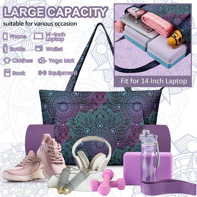 Yoga Bag for Women, Large Canvas Yoga Mat Tote Bag with Yoga Mat Carrier - Large Mat Pocket Fitness Tote for Pilates, Gym, Travel, Office & Beach
