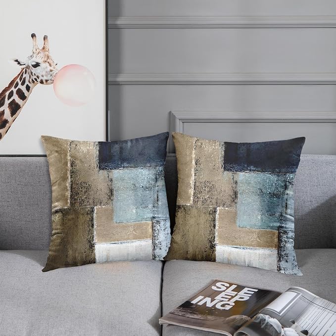 Emvency Throw Pillow Covers Set of 2, 18 x 18 Inch, Abstract Brown Navy | Blue Painting Outdoor Decorative Square Pillow Cases Couch Cushion Case for Couch Bed Sofa Living Room Home Decor