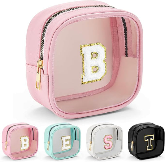 YOOLIFE Small Cosmetic Bag for Purse Mini Makeup Bag for Teacher Cute Clear Make Up Pouch for Travel Tiny Leather Pink Make Up Organizer Case for Backpack Toiletry Bag Waterproof Square Pouch B