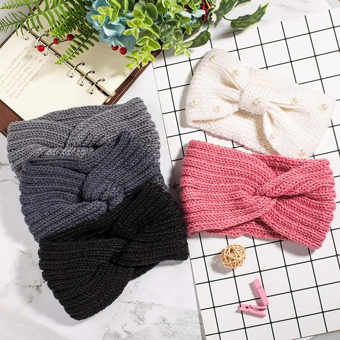 Whaline 5 Pieces Knit Headbands Winter Ear Warmers, 4 Elastic Turban Head Wraps and 1 Pearl Crochet Hair Band, Hair Scrunchies Scarves for Women Girls (Blue Pink Colors)