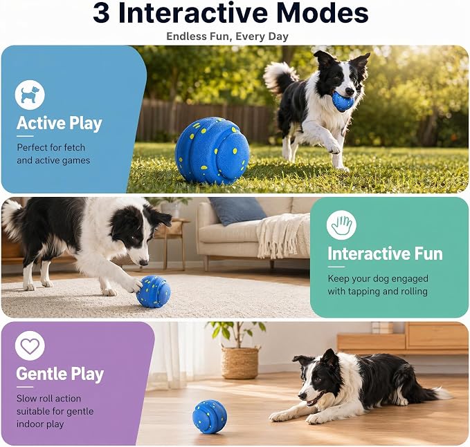 Interactive Dog Toys Dog Ball for Aggressive Chewers, Dog Chew Toys, Dog Enrichment Toys, Automatic Moving, Bouncing, Rotating, Type-C Rechargeable, Large, Medium, and Small Dogs