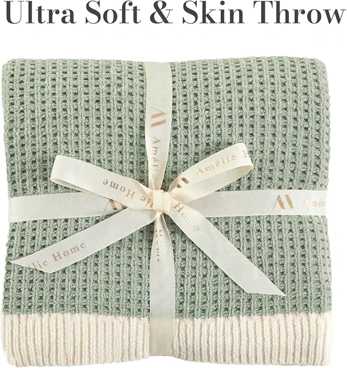 Chenille Throw Blanket, Soft Cozy Waffle Throw for Couch & Sofa, Warm Yet Lightweight, Breathable All-Season Throws for Women Men, Housewarming, Birthdays, 50"x60", Green