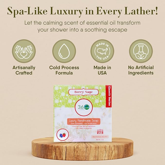 360Feel Berry Sage Soap - Made in USA - Castile Handmade, All-Natural, Cold Processed - Infused with Berry Sage for Refreshing Cleanse, Gentle Moisturizing Care, and Rich Creamy Lather - 5 oz