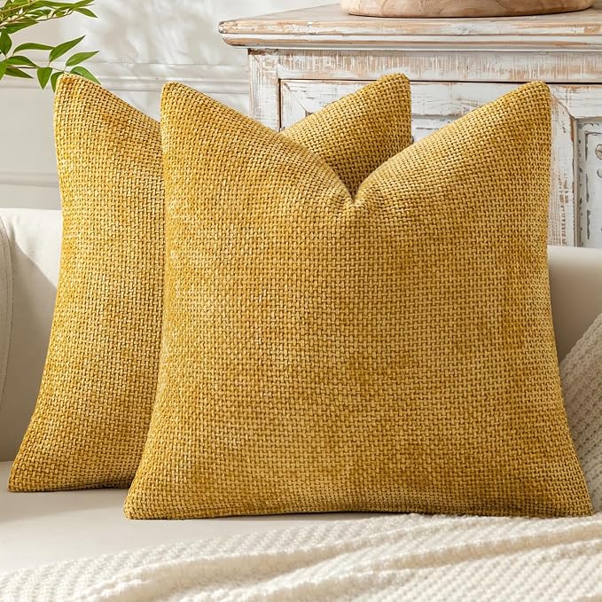 MIULEE Decorative Couch Throw Pillow Covers 22x22 in Mustard Yellow 2 Pack | Modern Boho Accent, Soft Chenille Pillow Covers, Farmhouse Cushion Cases for Home Decor Bed Sofa Living Room