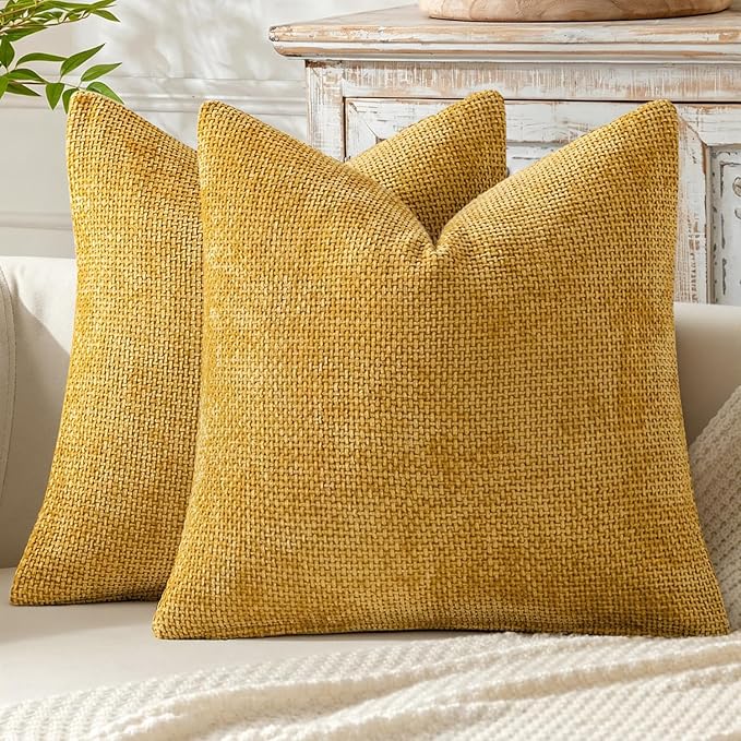 MIULEE Decorative Couch Throw Pillow Covers 18x18 in Mustard Yellow 2 Pack | Modern Boho Accent, Soft Chenille Pillow Covers, Farmhouse Cushion Cases for Home Decor Bed Sofa Living Room