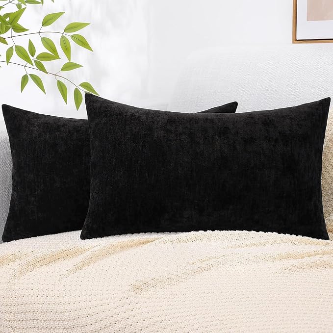 decorUhome Soft Chenille Black Throw Pillow Covers 12X20 Set of 2 | Decorative Fall Couch Pillow Covers Solid Dyed Accent Modern Farmhouse Neutral Rectangle Pillow Cases for Sofa
