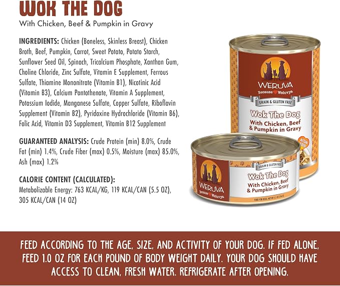 Weruva Classic Dog Food, Wok The Dog with Chicken Breast, Beef & Pumpkin in Gravy, 14oz Can (Pack of 12)