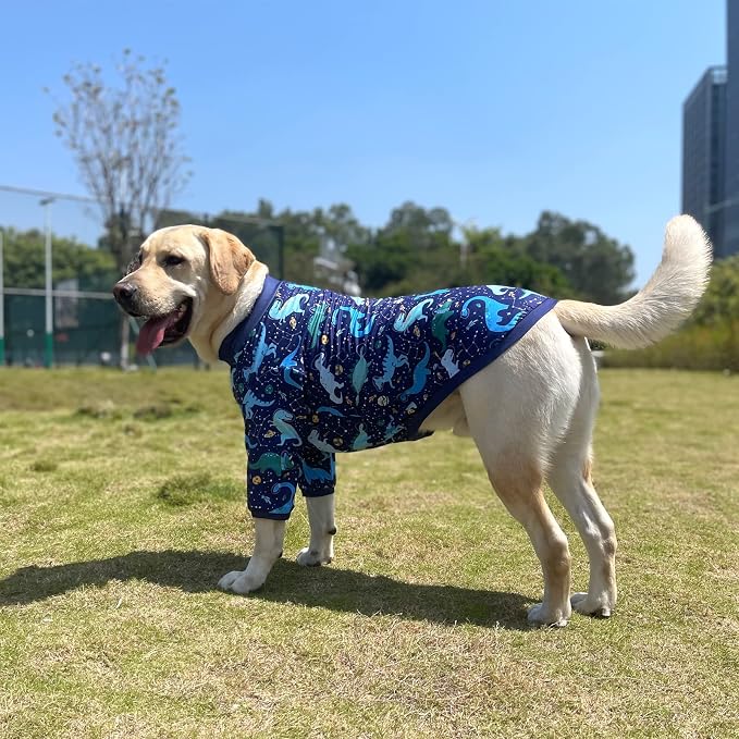Dog Navy T Shirts with Universe Dinosaur Pattern Printed Pet Shirt Softable Pajamas for Large Dogs (L, Navy)