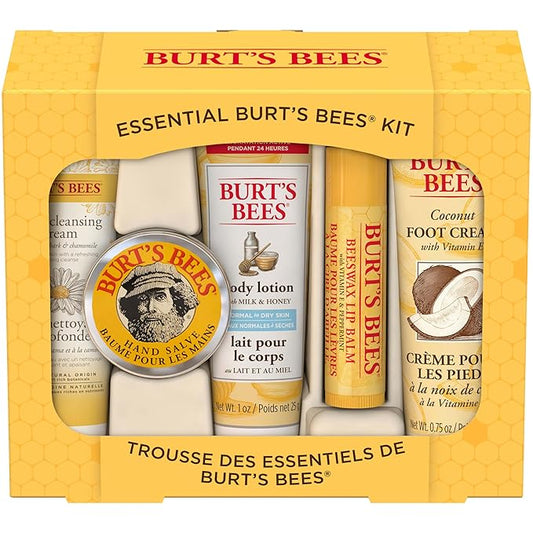 Burt's Bees Essential Everyday Beauty Valentines Day Gifts Set, 5 Travel Size Products - Deep Cleansing Cream, Hand Salve, Body Lotion, Foot Cream and Lip Balm