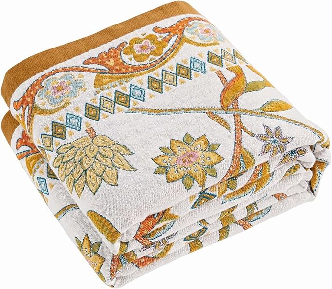 XIBLC Fall Throw Blanket for Couch, Brown Boho Decorative Throw Blanket, 100% Cotton Muslin Breathable Woven Farmhouse Blankets Quilt, 60"x80" Reversible Lightweight Blankets Bohemian Throw Quilt
