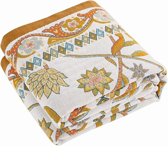 XIBLC Fall Throw Blanket for Couch, Brown Boho Decorative Throw Blanket, 100% Cotton Muslin Breathable Woven Farmhouse Blankets Quilt, 80"x90" Reversible Lightweight Blankets Bohemian Throw Quilt