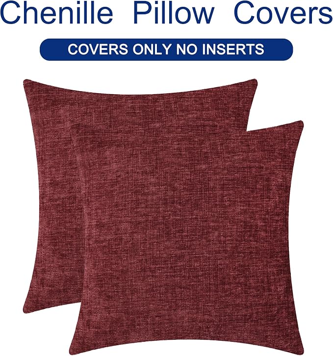 CaliTime Decorative Couch Throw Pillow Covers 24 X 24 Inches Burgundy | Pack of 2, Cozy Chenille Cushion Cases for Sofa Bed Living Room Farmhouse Home