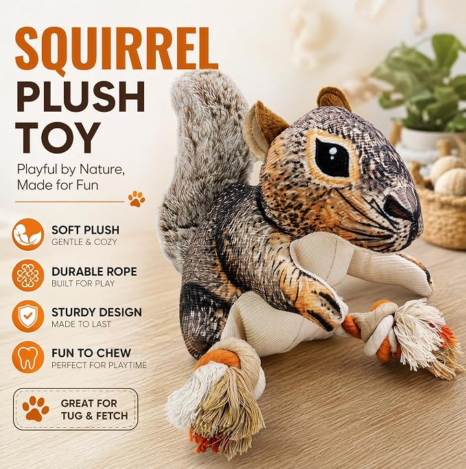 Tough Squeaky Dog Toys for Aggressive chewers Interactive to Keep Them Busy, Durable Funny Cute Tug of war Rope Birthday Dogs Toy for Small Medium Large (Squirrel)