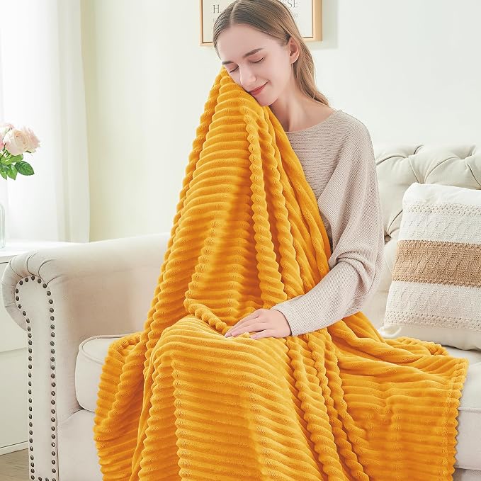 BEDELITE Ribbed Jacquard Mustard Yellow Queen Blanket for Bed, 90x90 Inch | Soft Warm Decorative Fluffy Blanket, Cozy Fuzzy Lightweight Plush Fleece Throw Blankets for Bed, Room Decor, Gift for Women