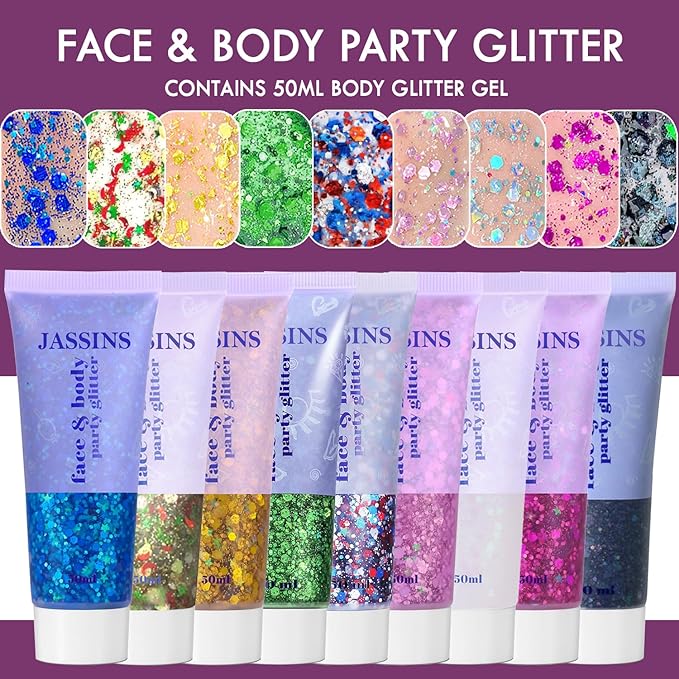 JASSINS 2PCS Body Glitter, 100ml Rose-Purple and White Face Glitter for Women Girls Kids, Glitter Gel Makeup Tween Gifts, Singer Concerts Festival Rave Accessories, Chunky Mermaid Sequins Glitter