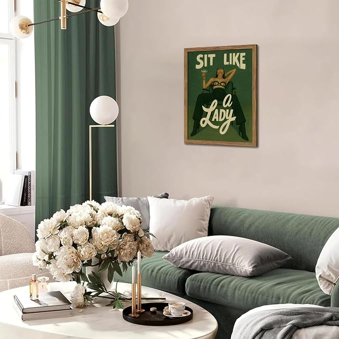 Framed Feminist Wall Art, Vintage Sit Like a Lady Green Wall Decor, Bold Girl Power Feminine Poster Print, Retro Empowering Female Canvas Painting Aesthetic for Bedroom Dorm 8x10 inch