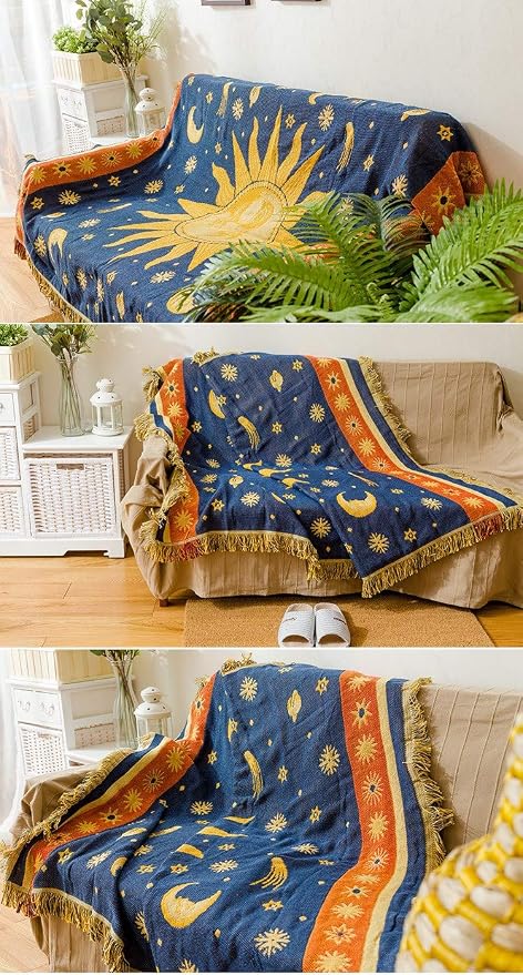 Erke Sun Blanket Hippy Celestial Couch Sheet Cover Wicca Home Decor 70"x90" | Sun Moon Witchy Hippie Decoration, Double Sided Cotton Woven 90s’ Throws Blankets for Couch Bed