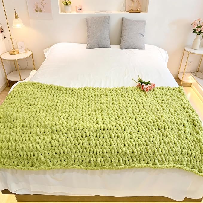 Soft Chunky Knit Throw Blanket for Couch, Cozy Warm Knitted Blankets | Hand Knit with Jumbo Chenille, Lightweight Warm Fluffy Decor for Women, Mom, Her & Girls, Sofa, Chair, Bed, 40"×40" (Green)
