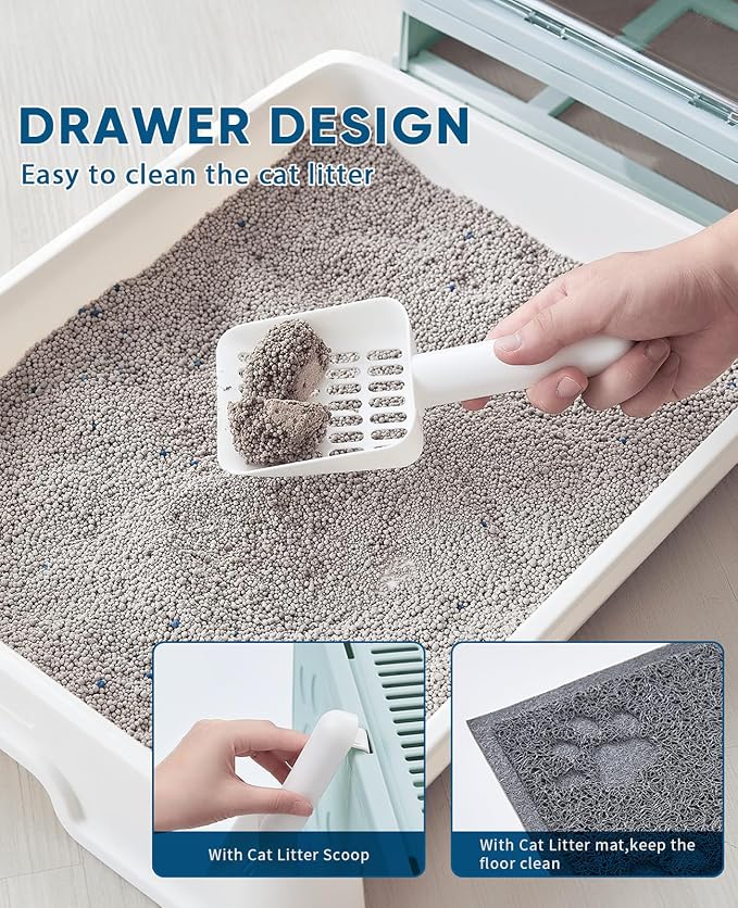 Medario Cat Litter Box with Litter Mat and Scoop(Blue) | Large Covered Litter Box with Lid, Enclosed Kitty Box, Front Entry Top Exit, Odor Control, Easy to Clean