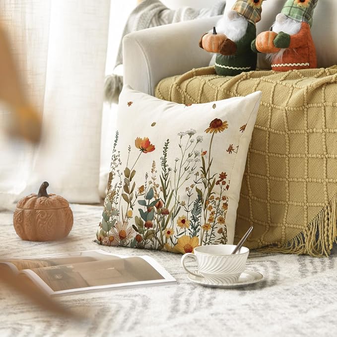 AVOIN colorlife Fall Flowers Throw Pillow Covers 18x18 Inch Set of 2 | Seasonal Autumn Thanksgiving Harvest Decoration for Sofa Couch Farmhouse Living Room Decor