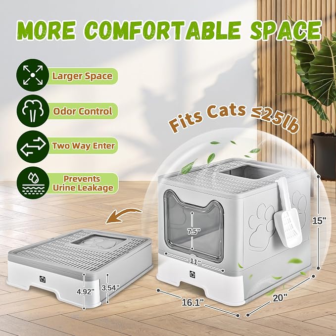 Covered Cat Litter Box, Extra Large Drawer Design with Dual Entry,Pale Grey | 13L litter capacity, adjustable door, leakproof structure, cleaning accessories, complimentary cat litter mat
