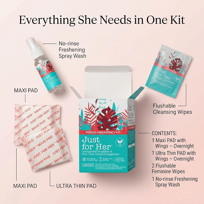 Emergency Period Kit – Ultra Thin Maxi Pads with Wings, Wipes Flushable, Feminine Spray Wash – Teen Girls Essentials Overnight (12 Pack)