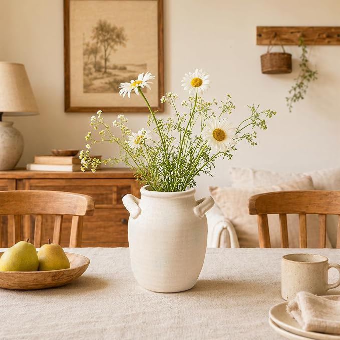 DREAMLOOM 7.2 Inch Ceramic Flower Vase, White | Double Handles, Farmhouse Vintage, Pottery Terracotta, Home Decor, Living Room Dining Table Wedding Centerpieces