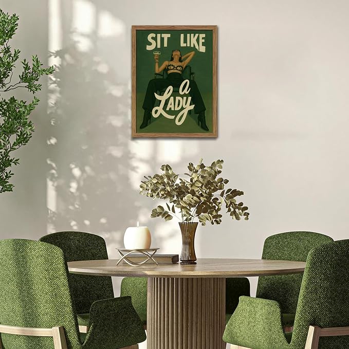 Framed Feminist Wall Art, Vintage Sit Like a Lady Green Wall Decor, Bold Girl Power Feminine Poster Print, Retro Empowering Female Canvas Painting Aesthetic for Bedroom Dorm 8x10 inch