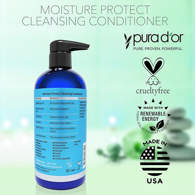 PURA D’OR Moisture Protect Cleansing Conditioner (16oz) Detangles & Restores Hair with Argan Oil, Lavender, No Sulfate, All Hair Types, Men & Women (Packaging may vary), (Pack of 2)