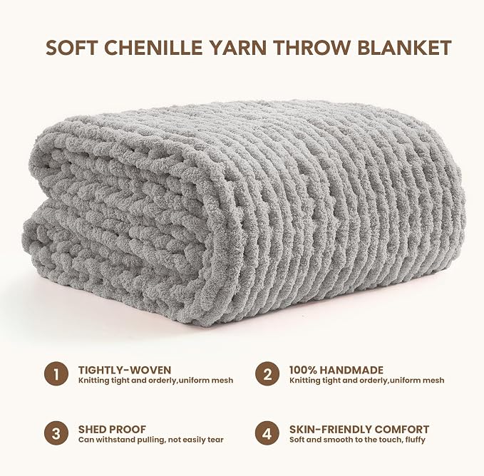 L'AGRATY Chunky Knit Throw Blanket for Couch, 50'' x 70'' Knit Throw, Grey | Handmade Chenille Crochet Blanket for Sofa Bed, Thick Cable Knitted Blankets for Room Home Decor, Birthday Gift for Women Mom