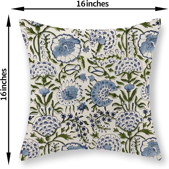 Boho Navy Blue Pillow Covers 16x16 Inch Set of 2 Blue Sage Green Floral Throw Pillows Vintage Flower Outdoor Decorative Pillow Cases Farmhouse Linen Cushion Cover Decor for Couch Sofa Decor