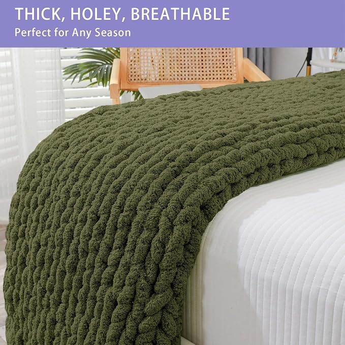 Bigacogo Chunky Knit Throw Blanket for Couch, 51x63 inches, Yellow Green | Hand Knit with Jumbo Chenille, Soft Breathable Cable Knit for Sofa Bed Living Room, Machine Washable, Gift for Mom Friend