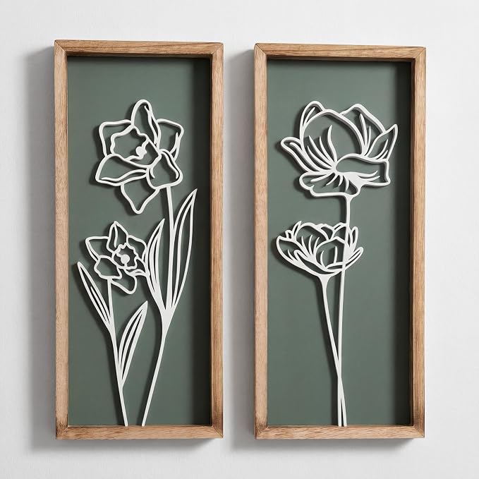 Tide and Tales Floral 3D Green Wall Art, Botanical Wall Decor, Set of 2 | 7" x 16", Lightweight, Framed Ready-to-Hang, Bathroom Wall Decor, Bedroom, Living Room or Office, Boho, Farmhouse, Gift-Boxed