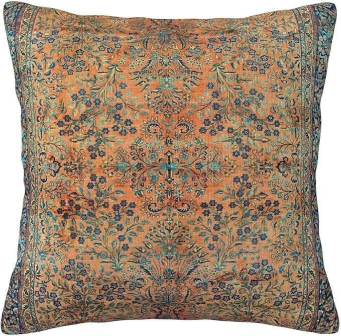 Manchester Kashan Floral Persian Carpet Print Art Pillow Covers Decorative Square Throw Pillowcase 18x18 Inch Couch Cushion Cover for Home Decor Living Room Bedroom College Dorm Bed Car Sofa