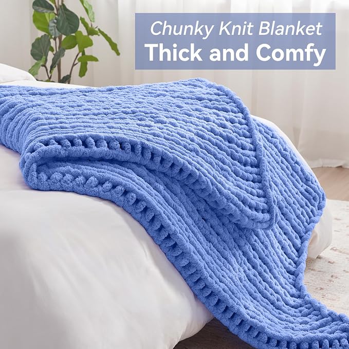 Negwoo Chunky Knit Throw Blanket, Knitted Throw Chenille Yarn, 50"*60" | Soft Thick Cable Knitted Blankets, Handmade Big Thick Blanket, Machine Washable Cute Comfy Blanket for Home Decor, Light blue