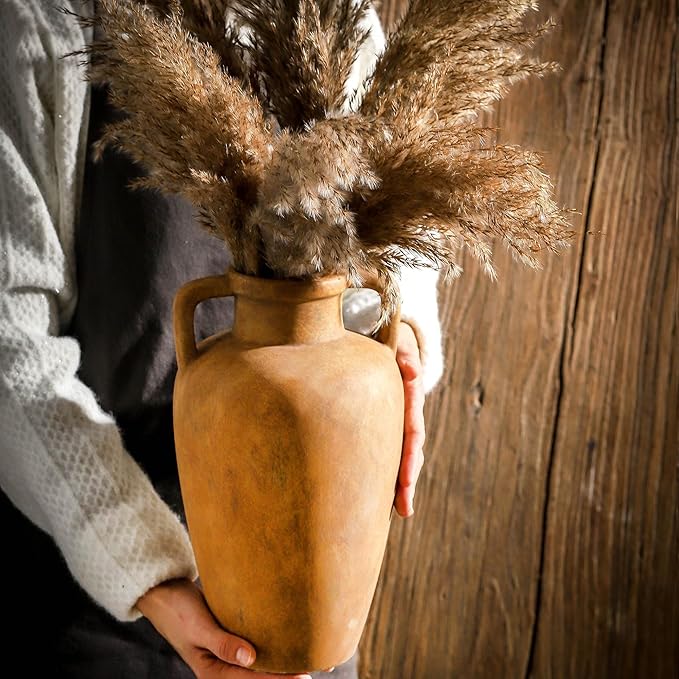 Ceramic Vase with 2 Handles, 11.41 Inch Rustic Farmhouse Vase | Terracotta Wide Mouth Vase Adds Rustic Farmhouse Charm to Living Room, Entryway, Shelf, and Table Decor, Perfect for Weddings
