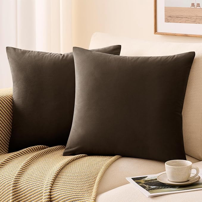 Throw Pillow Covers Set of 2 16x16 Inch Velvet Pillow Covers, Soft Brown Decorative Covers for Couch Sofa Bed Living Room, Neutral Farmhouse Covers, Home Boho Decor
