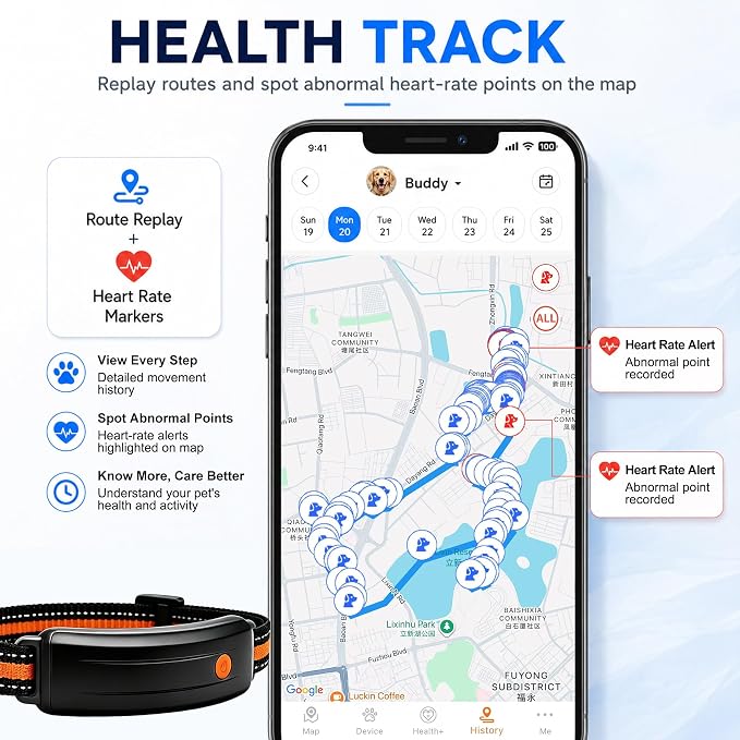 4G LTE GPS Pet Tracker & Virtual Fence, Real-Time Location, Heart Rate & Activity Monitor, Remote Training Smart Collar for Large Cats, Small, Medium and Large Dogs (Black)